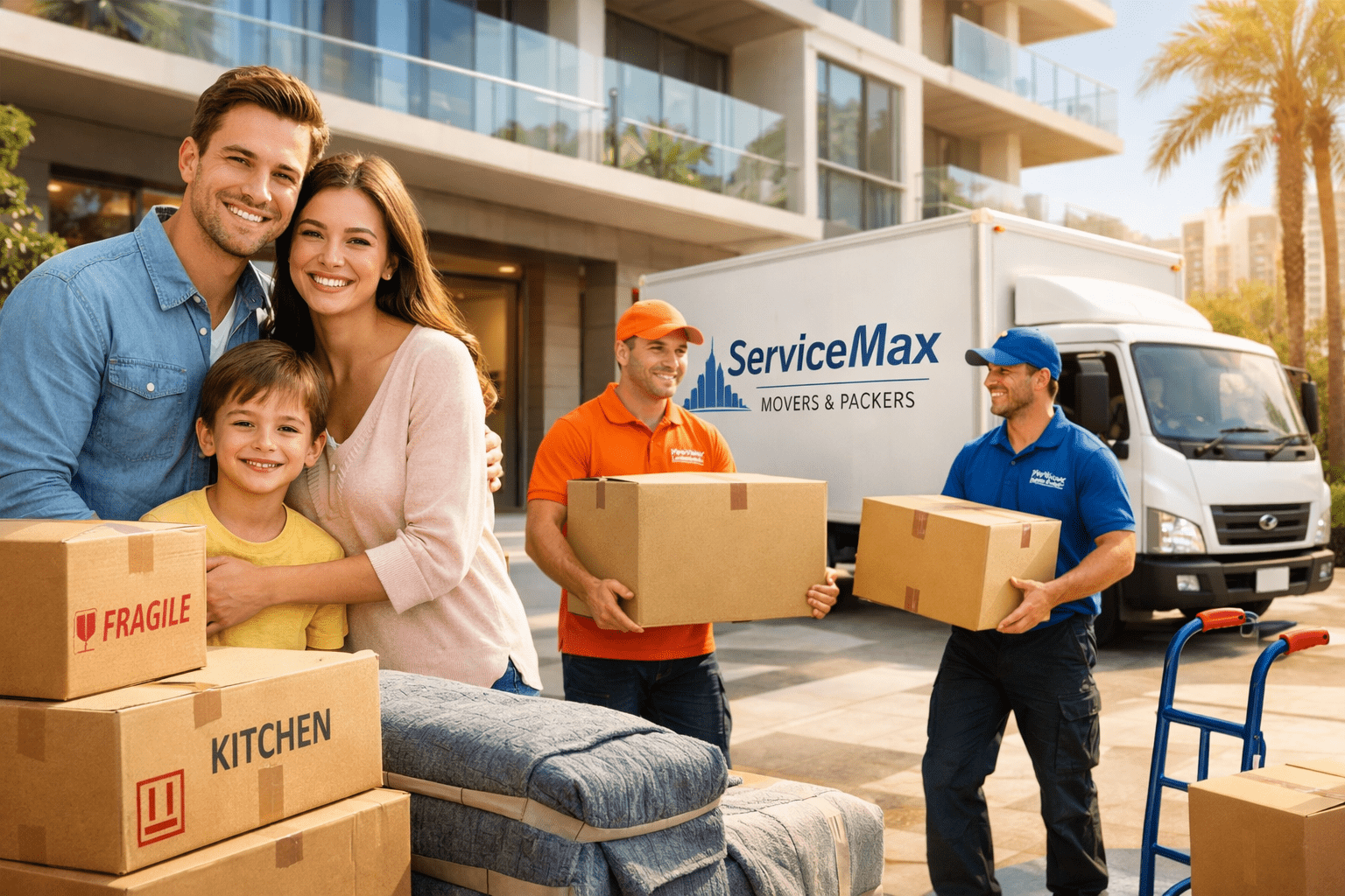 Professional apartment movers in Dubai helping family with boxes and furniture - Service Max relocation services