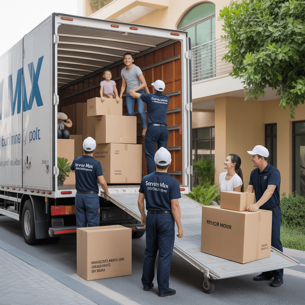 House movers and packers Dubai Service Max loading truck for family relocation in residential neighborhood