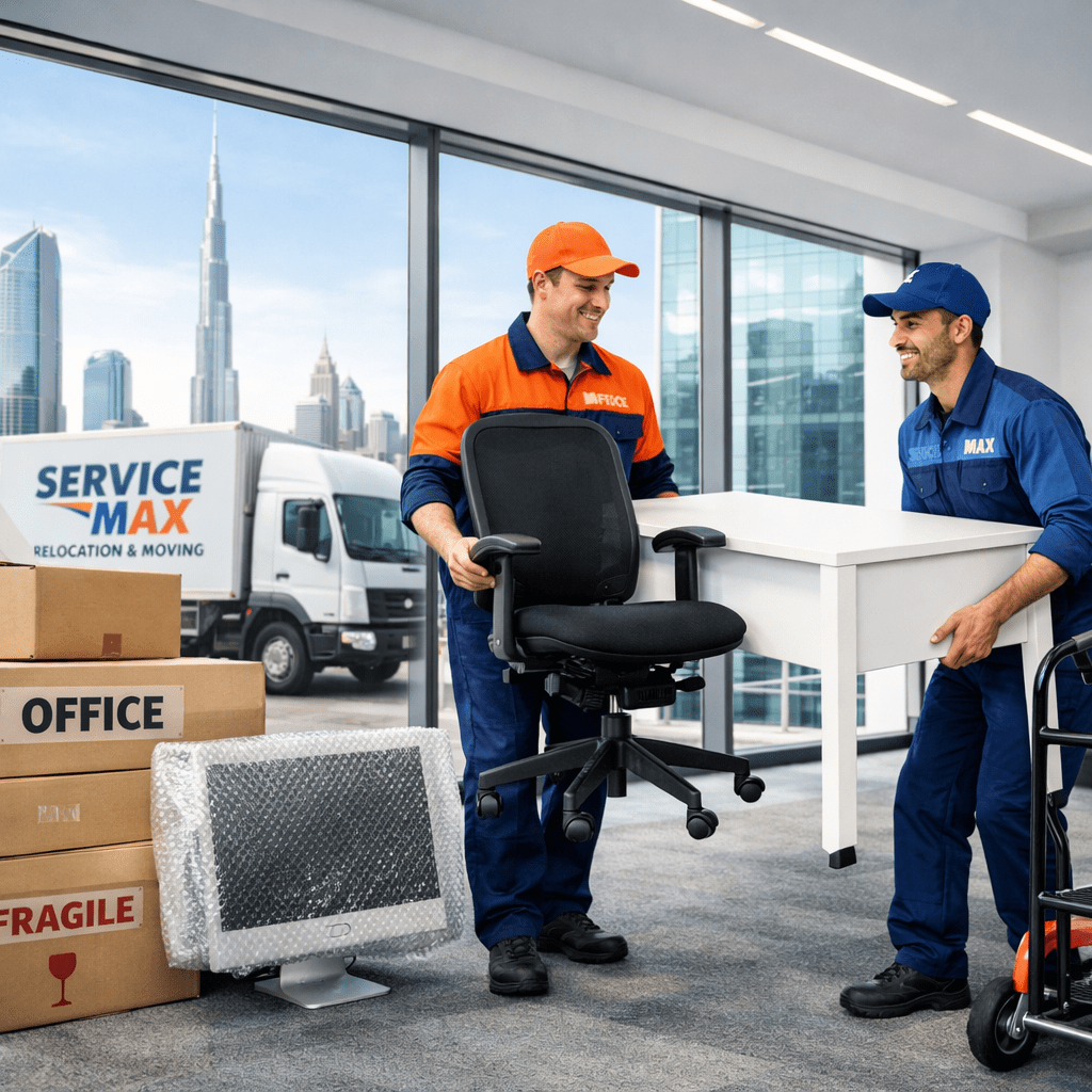 Professional office movers in Dubai relocating furniture and equipment in modern corporate office with Dubai skyline