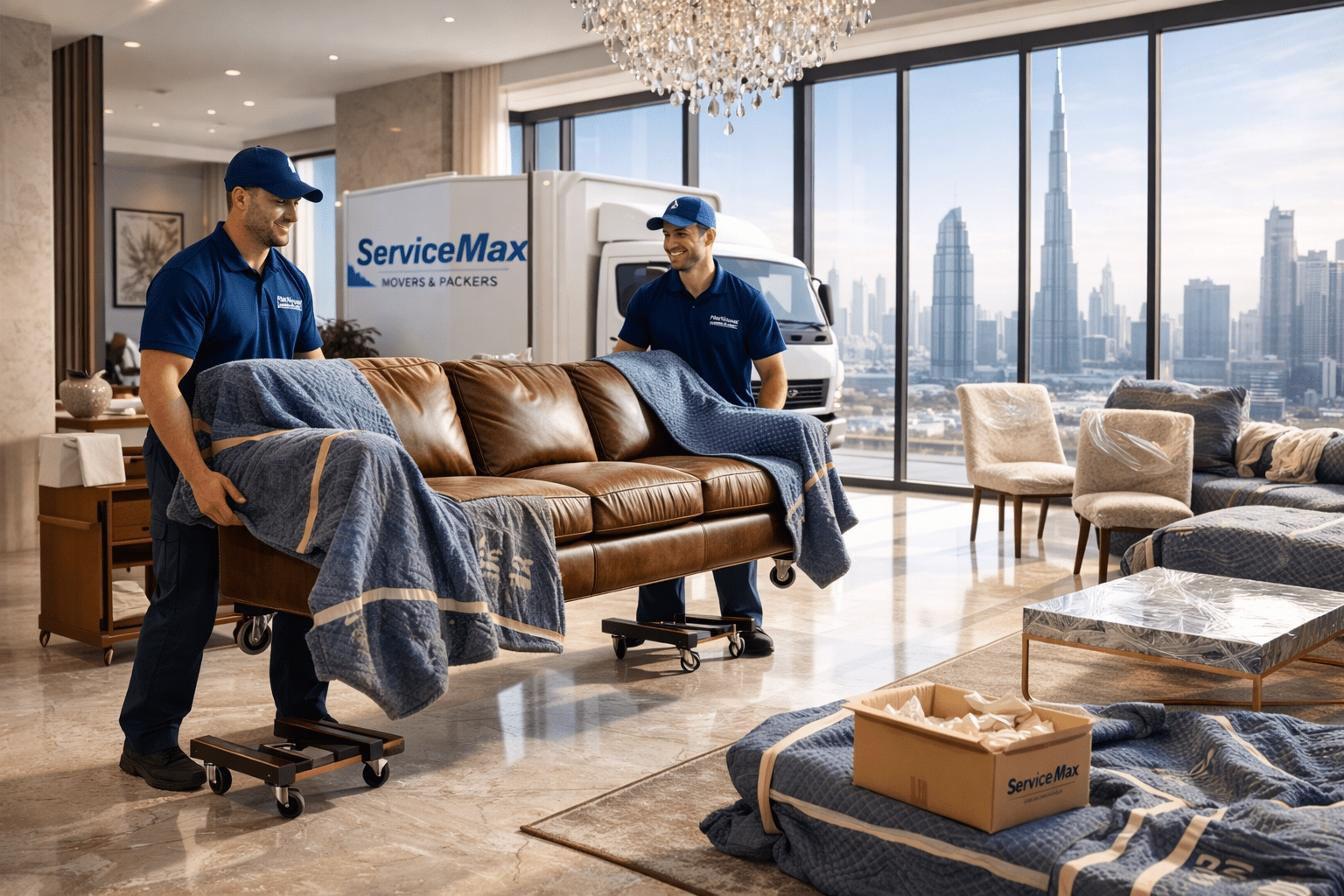 Professional furniture movers Dubai relocating luxury sofa in premium apartment - Service Max expert relocation