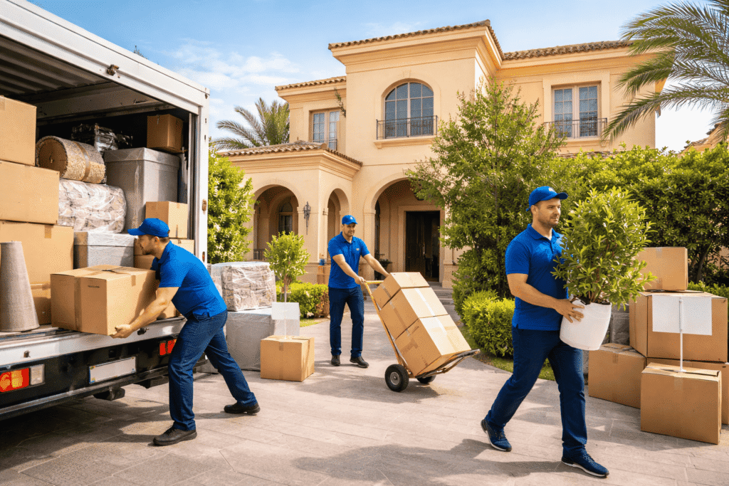 Professional movers in Arabian Ranches Dubai unloading furniture and moving boxes outside a villa during house relocation service If you want, I can also give you AI-overview optimized filename + structured data (ImageObject schema) to further boost local SEO rankings.