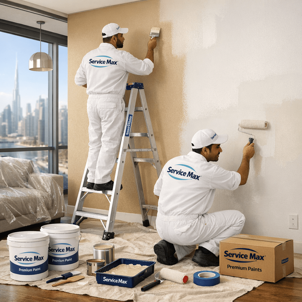 Professional apartment painting Dubai Marina - Service Max team painting residential interior with premium paints and equipment