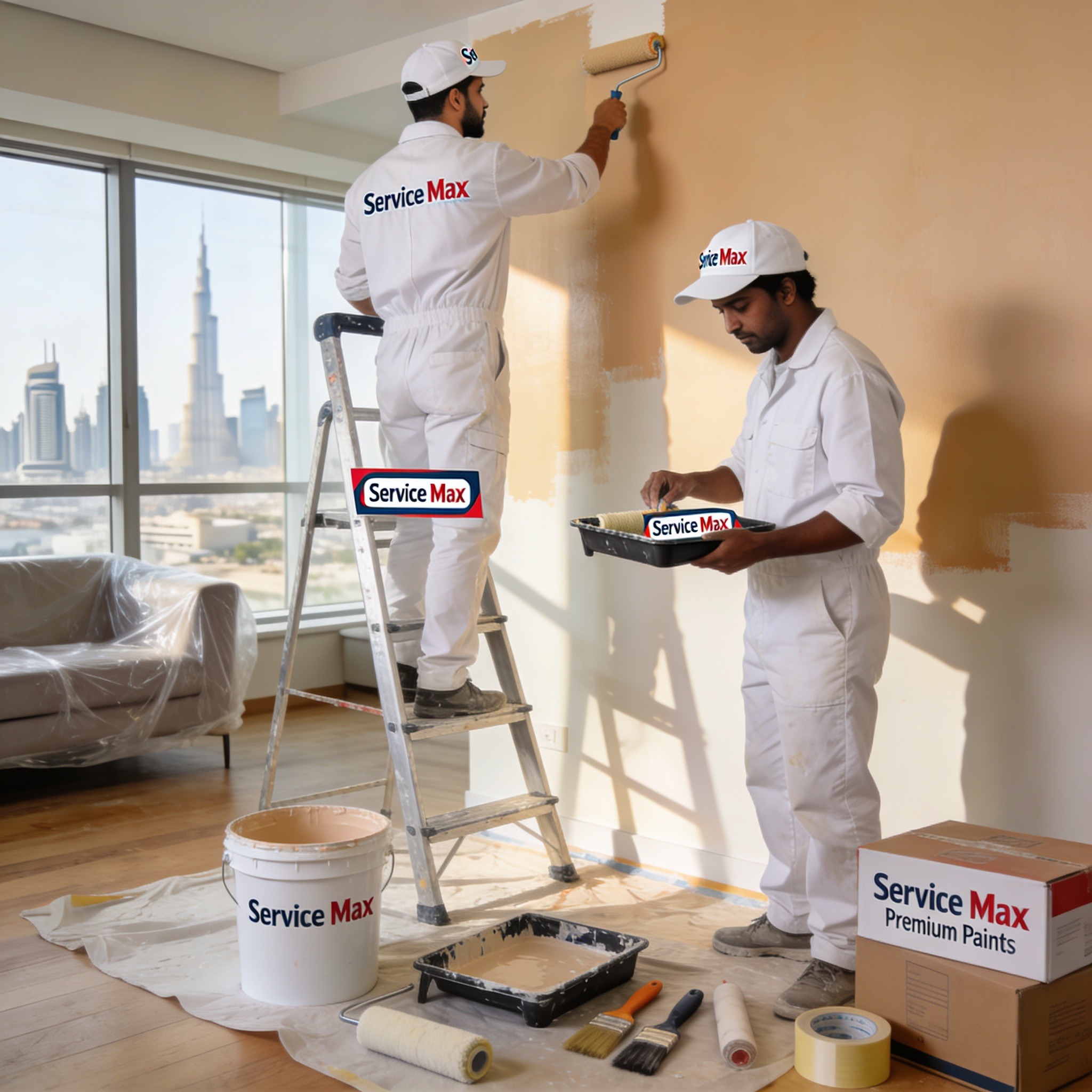 Home painting services Dubai - Service Max professional painters working on interior apartment walls