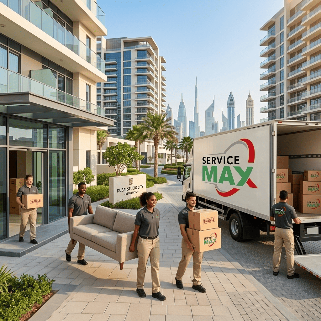 Professional movers in Dubai Studio City loading furniture and moving boxes into a relocation truck outside a residential building