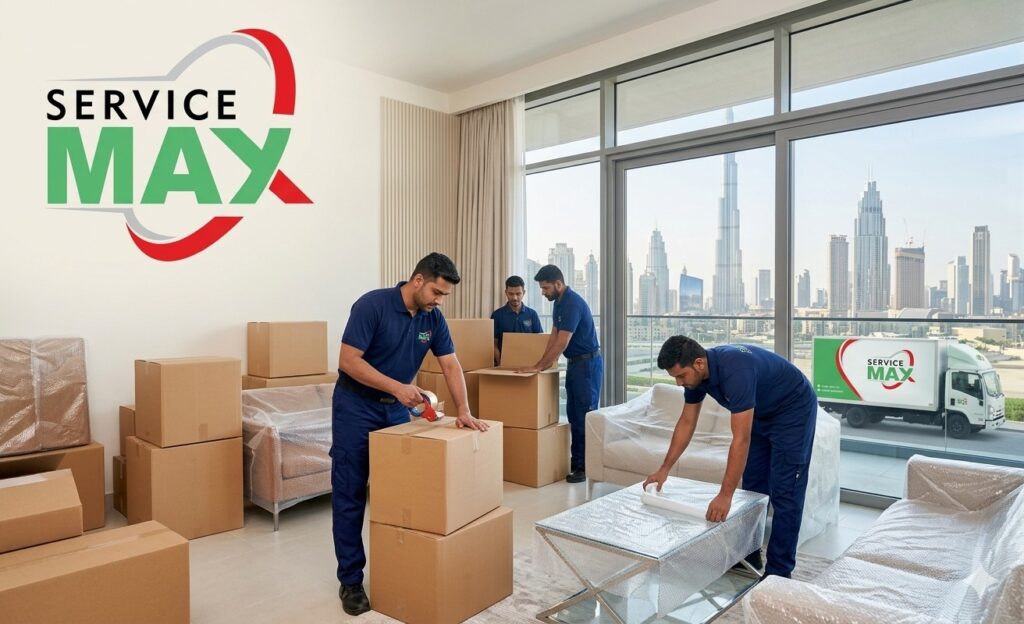 Professional movers and packers in Dubai packing furniture in a modern apartment