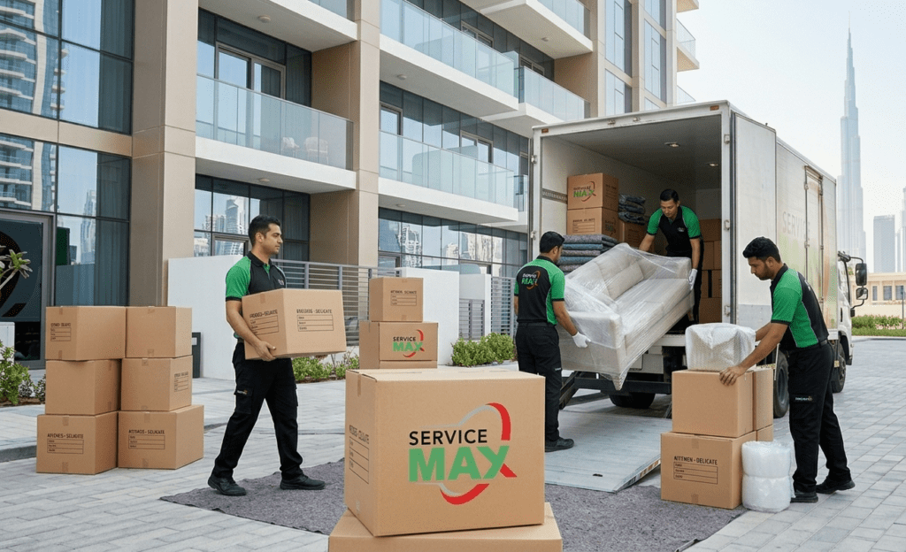 Professional apartment movers in Dubai carrying packed boxes and furniture during a residential move