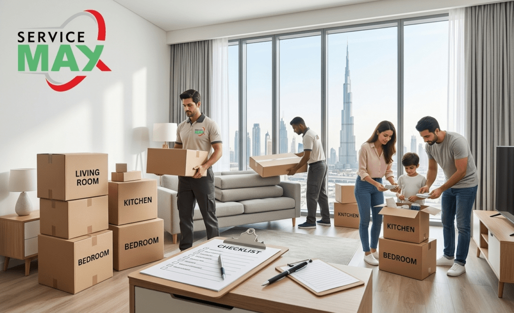 Complete moving checklist Dubai with labeled boxes and family preparing for relocation