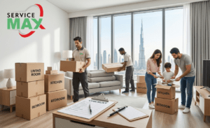 Complete moving checklist Dubai with labeled boxes and family preparing for relocation