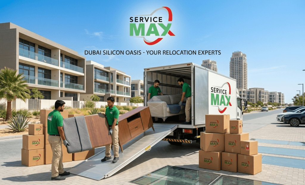 Skilled movers in Dubai Silicon Oasis carefully loading furniture and boxes into a moving truck