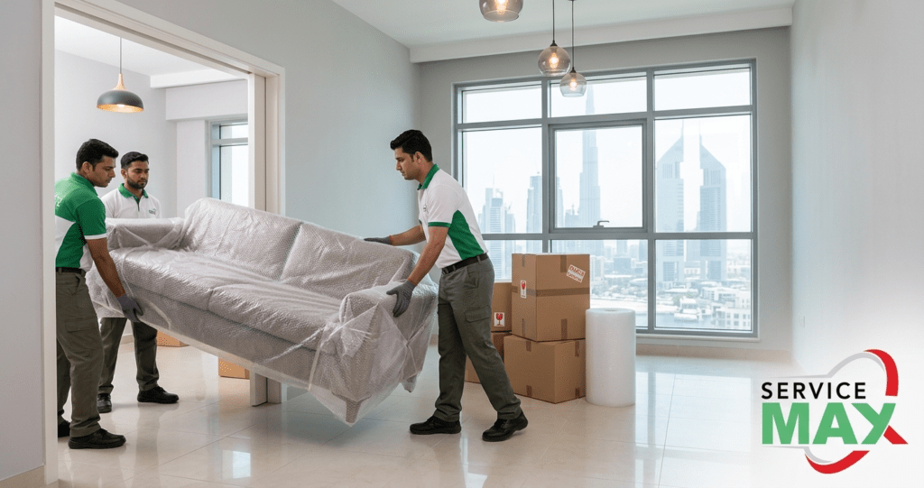 Professional furniture movers in Dubai safely moving wrapped furniture in a modern apartment.