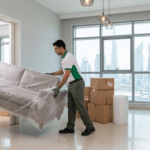Professional furniture movers in Dubai safely moving wrapped furniture in a modern apartment.
