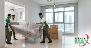 Professional furniture movers in Dubai safely moving wrapped furniture in a modern apartment.