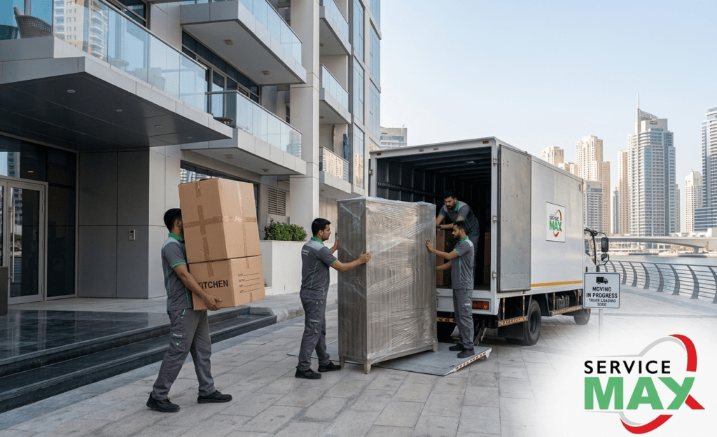 House movers in Dubai Marina handling boxes and furniture near a high-rise tower.