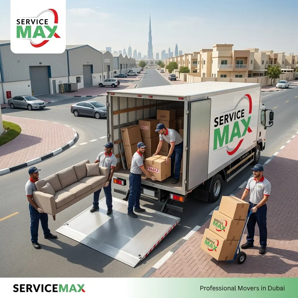 Professional movers in Al Quoz Dubai loading furniture and boxes into a moving truck