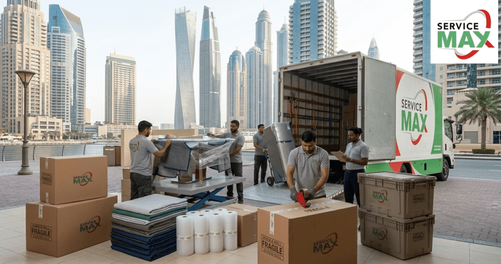 Professional movers in Dubai Marina handling furniture and boxes near high-rise buildings