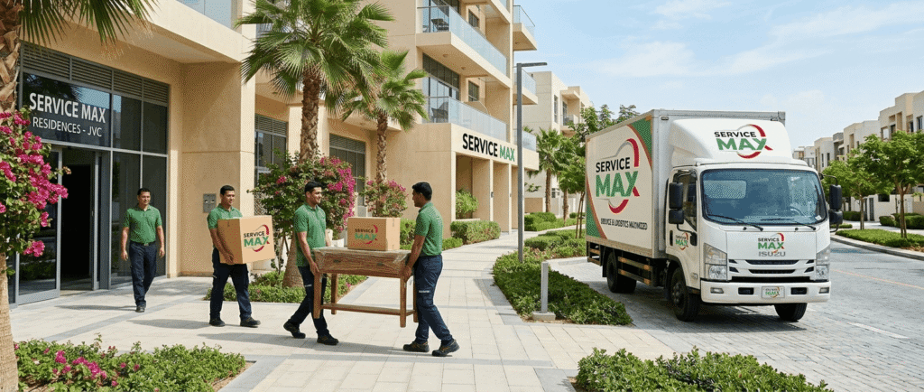 Professional movers in JVC Dubai loading furniture and moving boxes into a truck outside residential buildings
