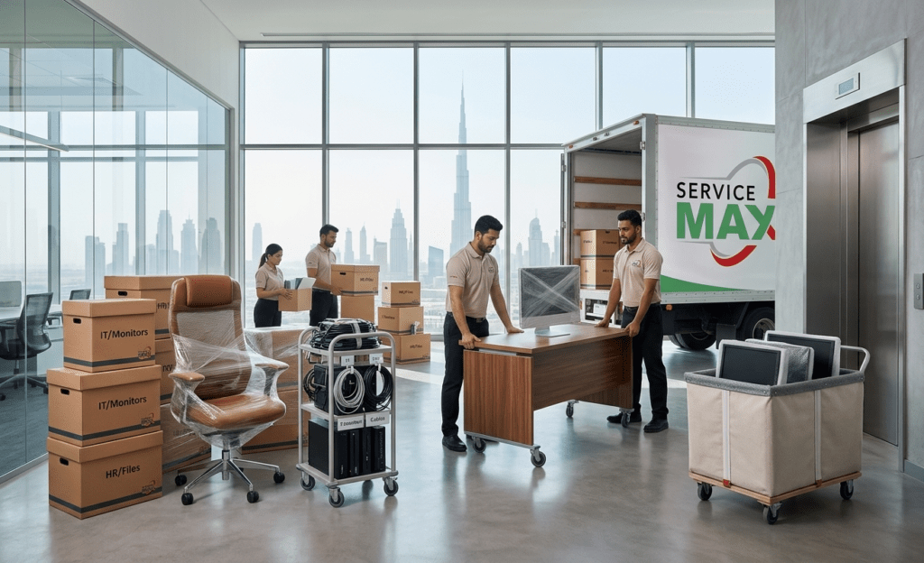 Professional office movers handling office relocation in Dubai with packed boxes, furniture, and business equipment.