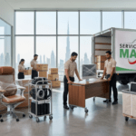 Professional office movers handling office relocation in Dubai with packed boxes, furniture, and business equipment.