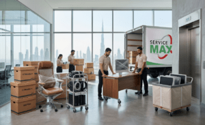 Professional office movers handling office relocation in Dubai with packed boxes, furniture, and business equipment.