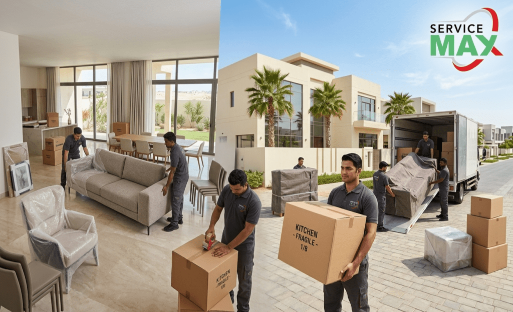 Professional villa movers in Dubai packing household items, loading furniture, and setting up a villa after relocation
