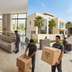Professional villa movers in Dubai packing household items, loading furniture, and setting up a villa after relocation